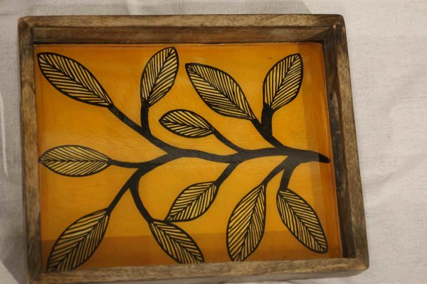 Wooden Tray Tree Branch on Orange Background